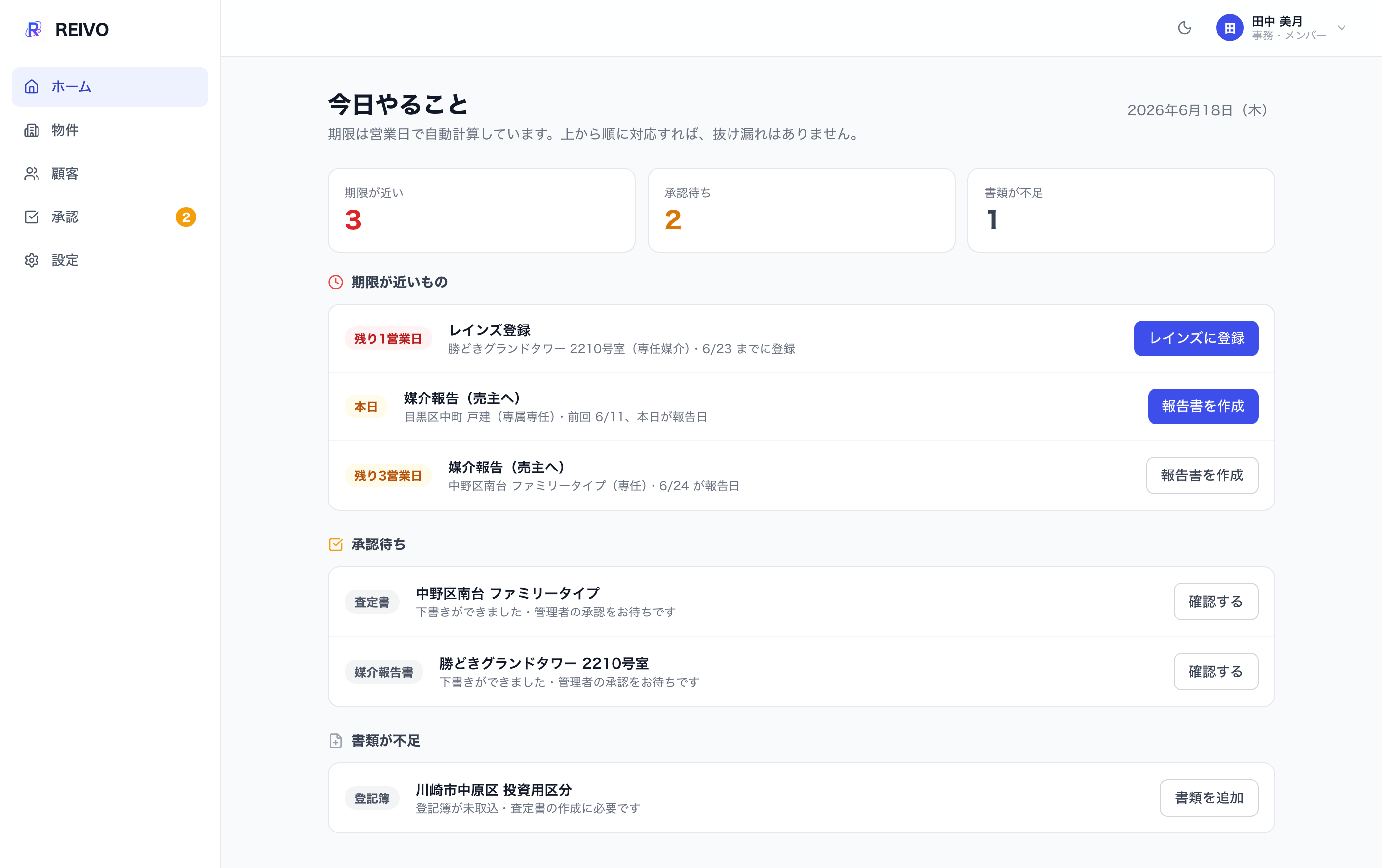 REIVO の今日やること（ホーム）画面